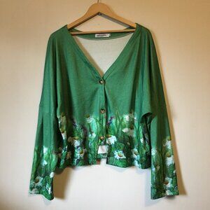 MISSLOOK 3XL Green Daisy Print Button Down Cardigan Cutout Hem Cottagecore Knit